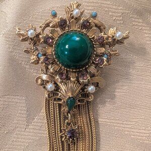 Vintage FLORENZA Victorian Waterfall Goldtone Brooch Green and Purple rhinestone